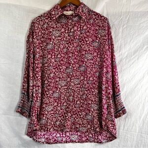 Natalie Martin Jennifer Shirt Floral Pink 100 Silk XS Tunic Long Flowing Blouse